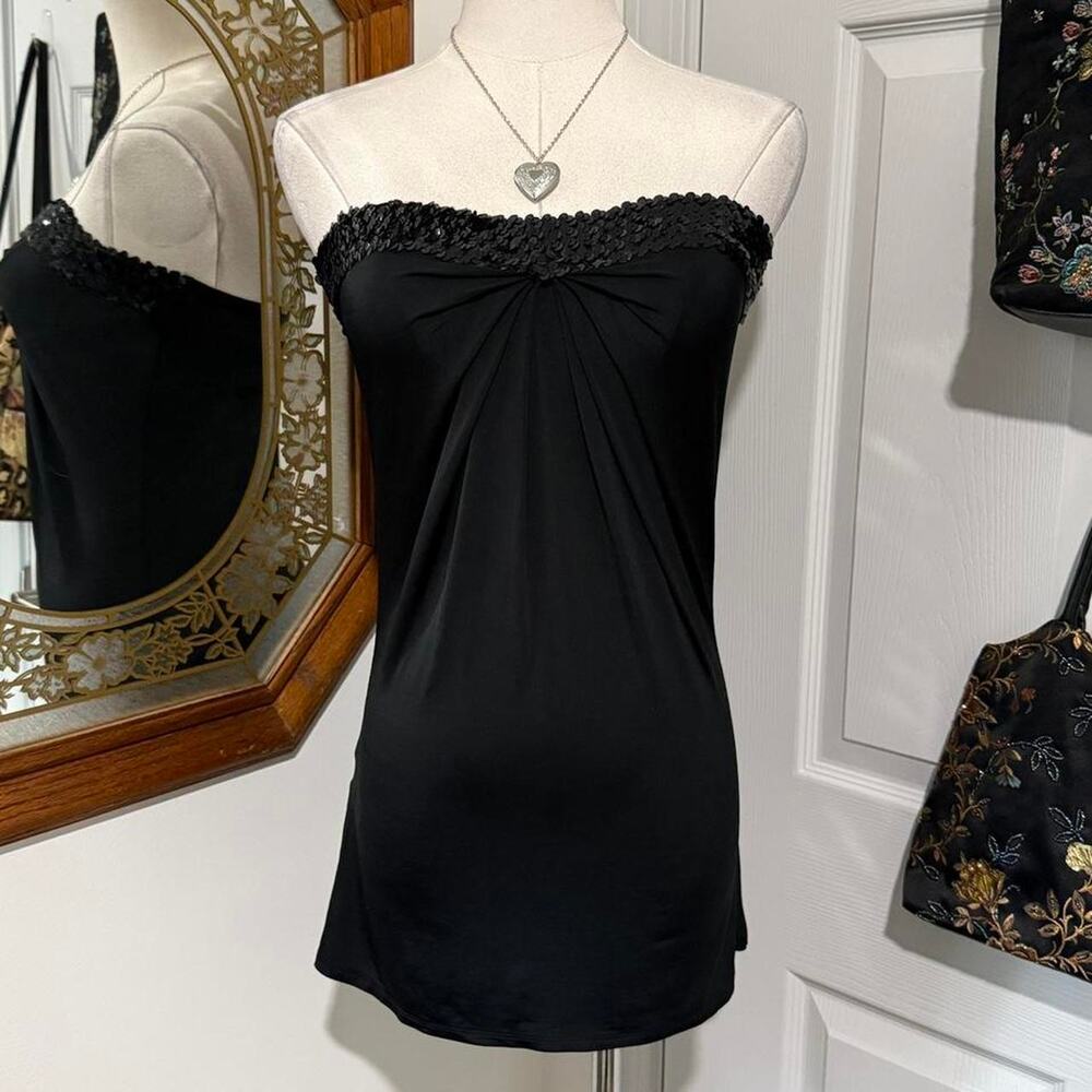 VTG Y2K Express Black Sequin Neckline Strapless Ruched Front Form Fitting Top